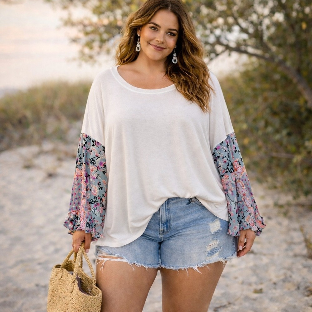 Hayden LA White Floral Paisley Bohemian Peasant Ruffle Balloon Sleeve Top 1XL